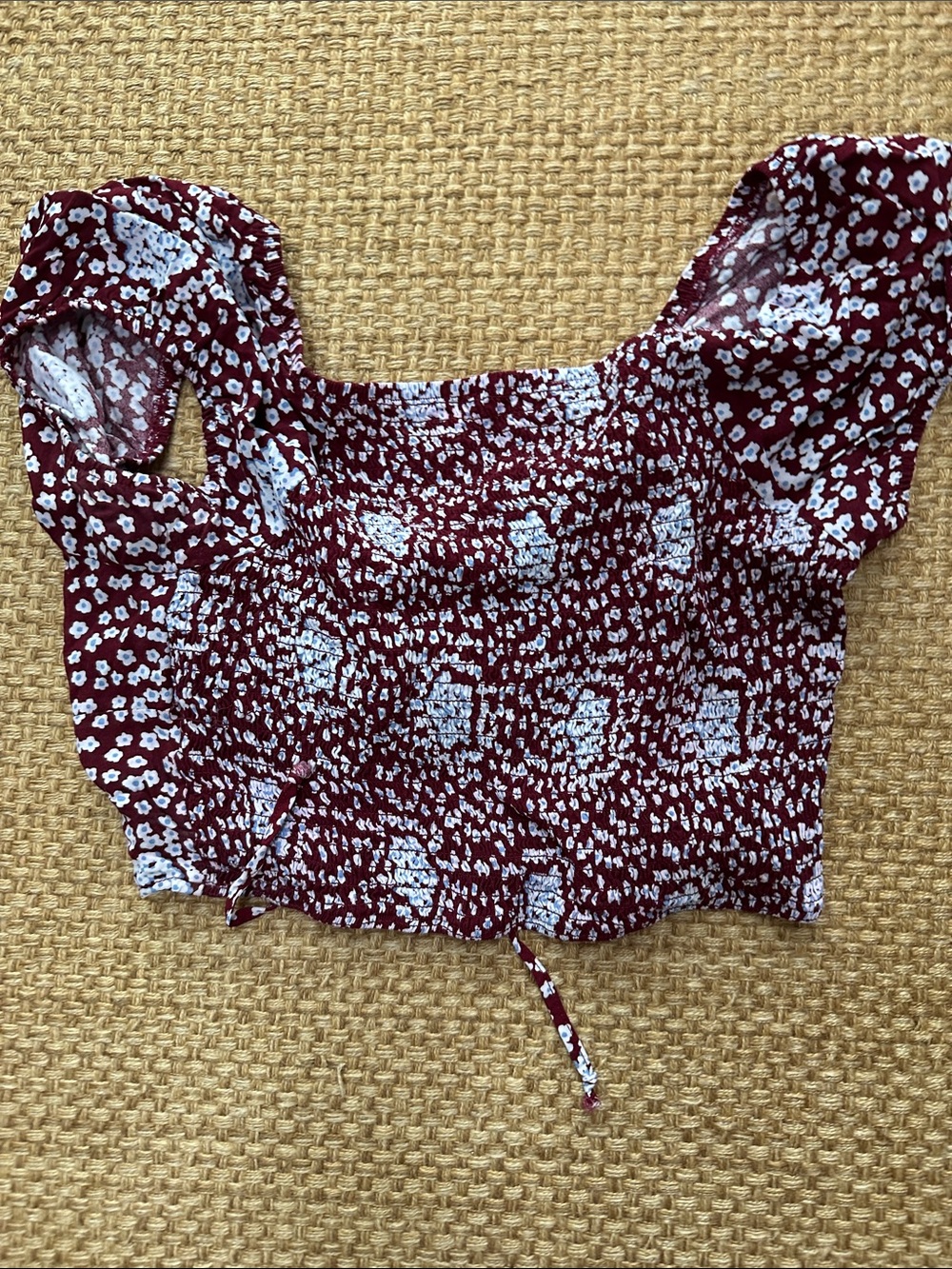La Hearts Burgundy Floral Smocked Square-Neck Crop Top